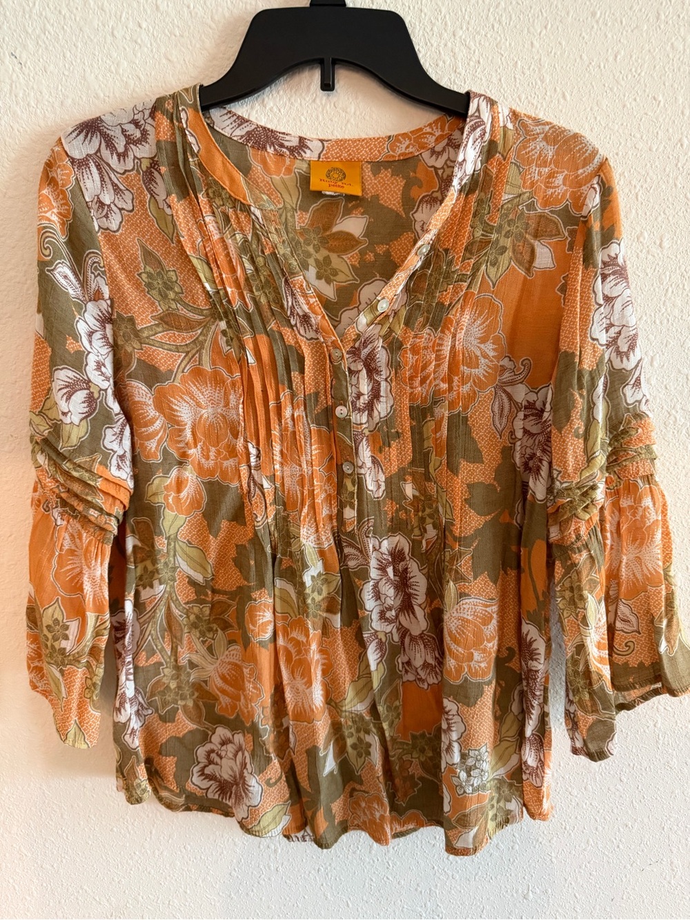 Ruby Rd. Orange & Olive Floral Pintuck Blouse